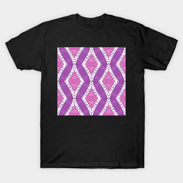 Pink, Purple, and White Diamond Stripes in Tie Dye Batik Style T-Shirt by gloobella